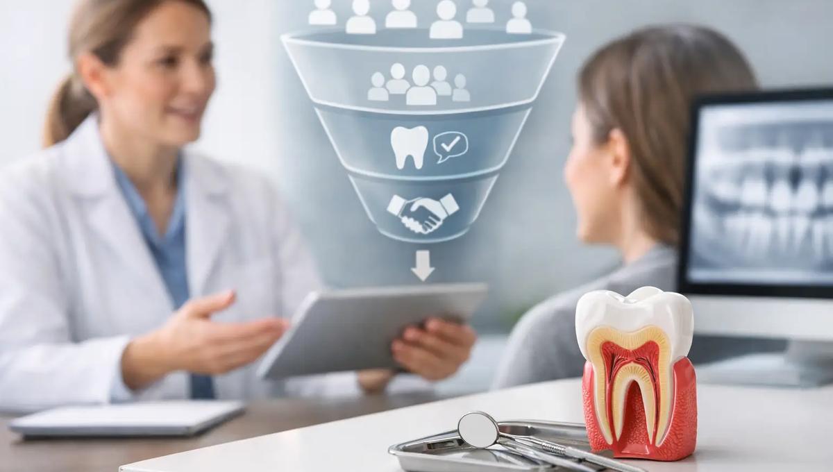 Dentist consulting a patient with a digital patient acquisition funnel overlay, a tooth cross-section model, and dental tools on the desk.
