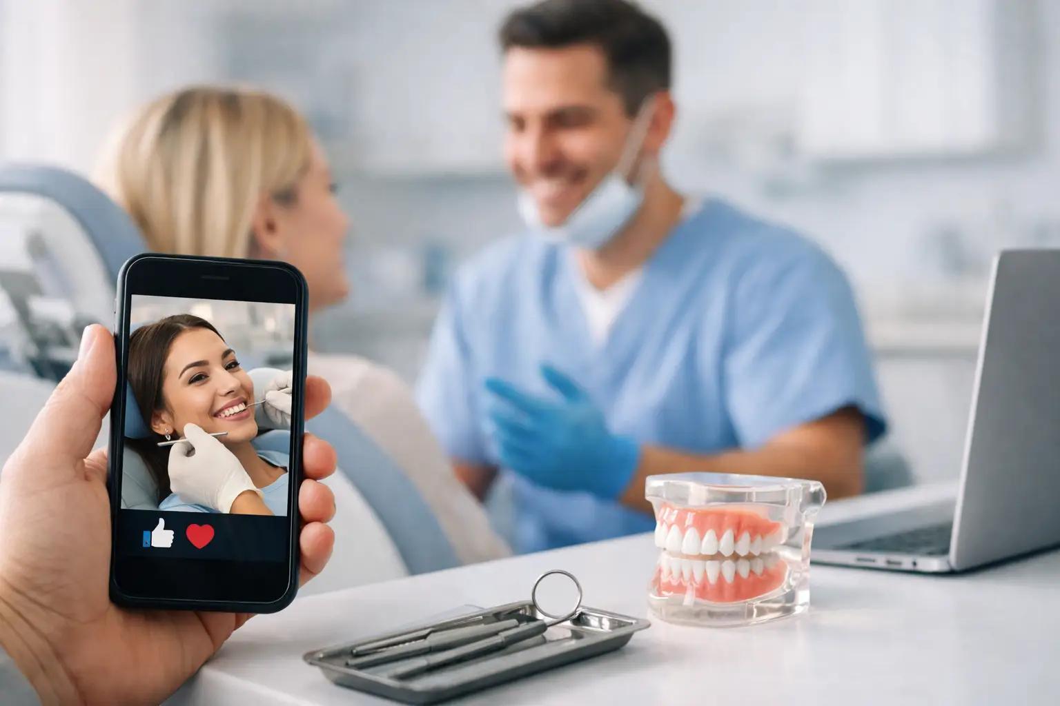 Hand holding a phone showing a dental patient smiling on social media, with a dentist and patient blurred in the background.