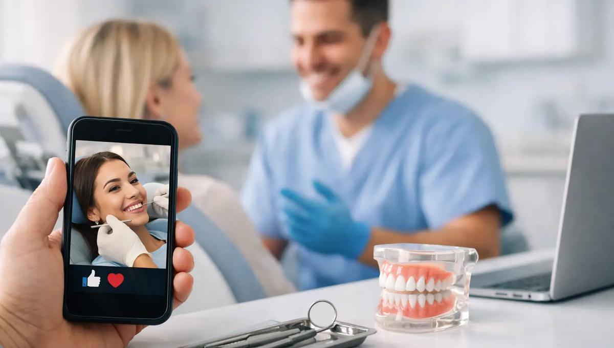 Hand holding a phone showing a dental patient smiling on social media, with a dentist and patient blurred in the background.