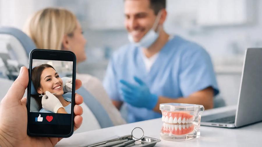 Hand holding a phone showing a dental patient smiling on social media, with a dentist and patient blurred in the background.