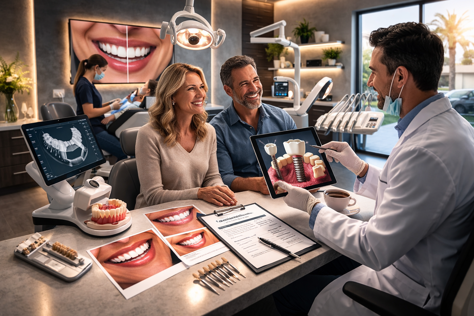 Dentist showing a couple a dental implant diagram on a tablet in a modern clinic, with smile photos and jaw model on the desk.