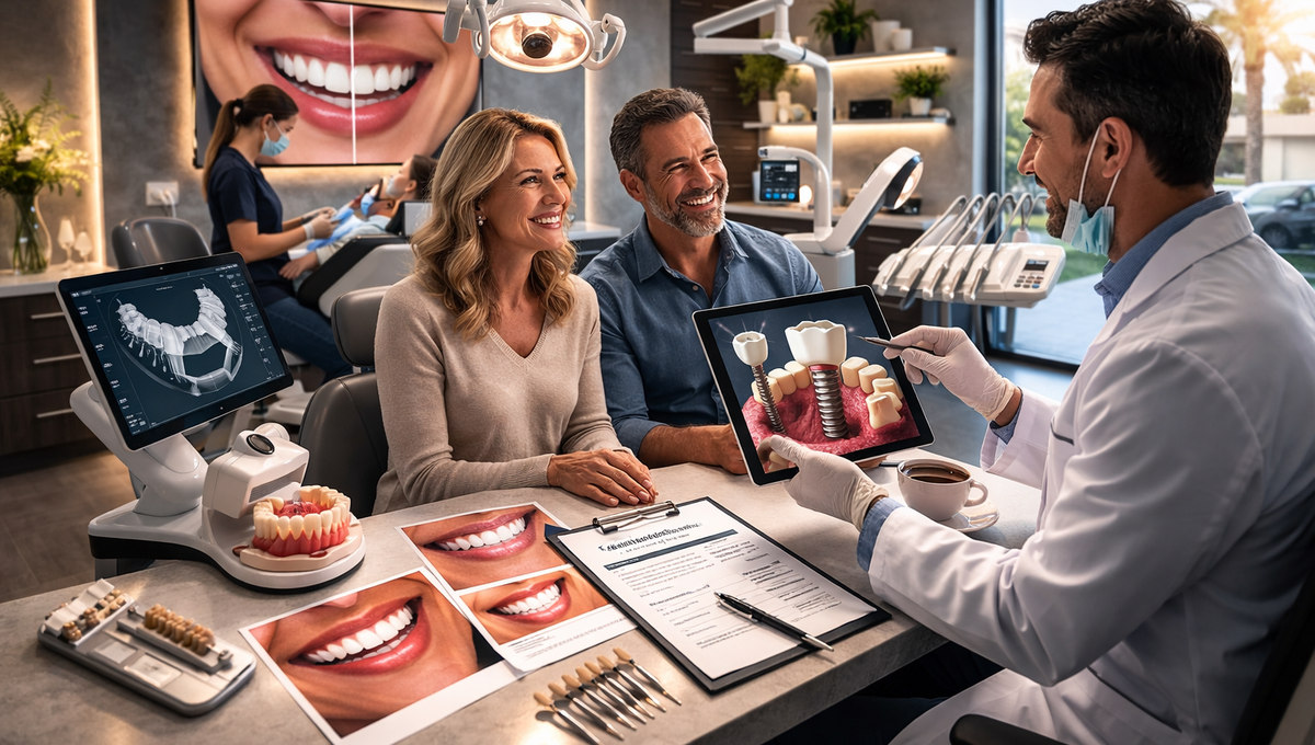 Dentist showing a couple a dental implant diagram on a tablet in a modern clinic, with smile photos and jaw model on the desk.