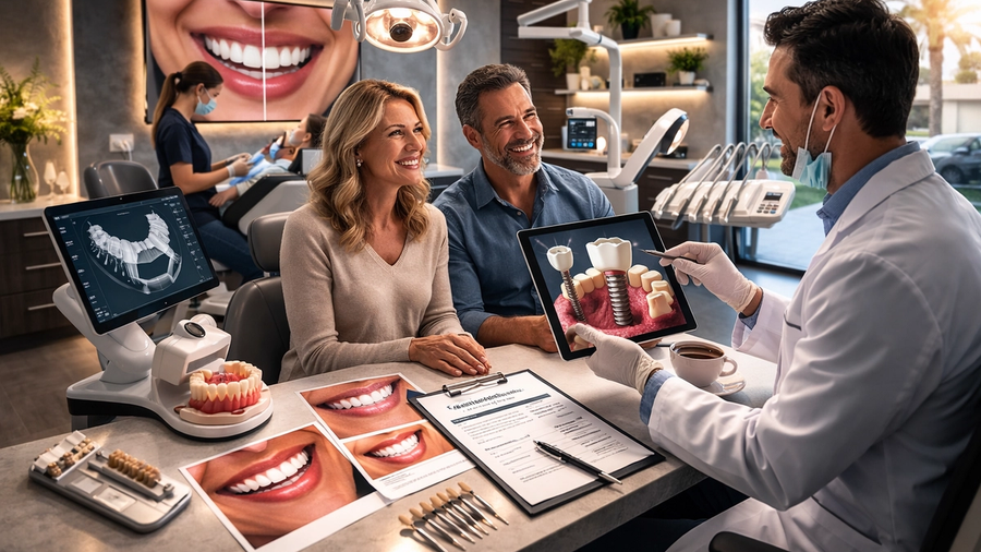 Dentist showing a couple a dental implant diagram on a tablet in a modern clinic, with smile photos and jaw model on the desk.