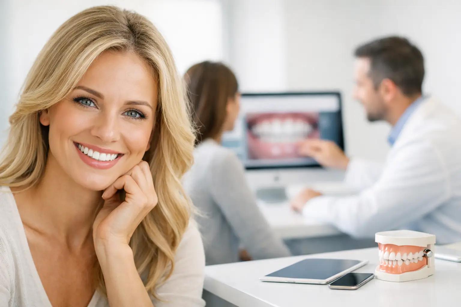Smiling woman in foreground at a dental office with a dentist consulting a patient and a dental jaw model on the desk behind her.