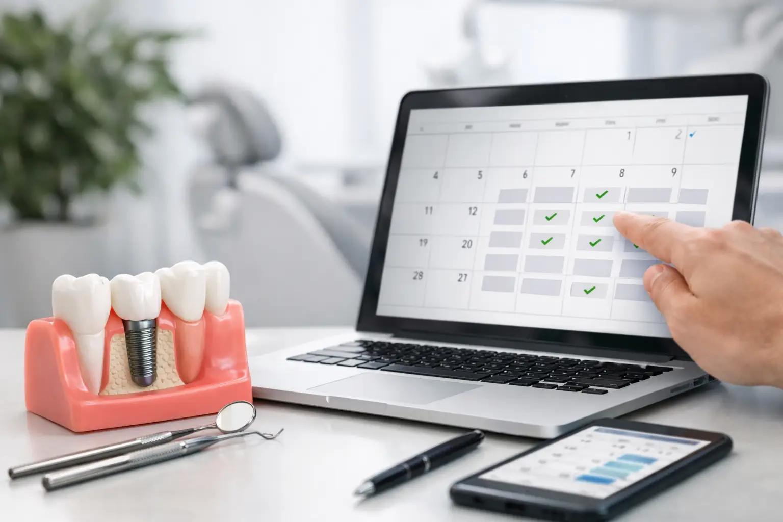 Hand pointing to a booked appointment calendar on a laptop beside a dental implant model and tools on a clinic desk.