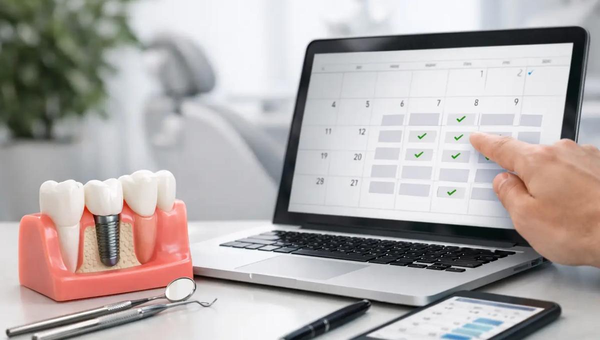 Hand pointing to a booked appointment calendar on a laptop beside a dental implant model and tools on a clinic desk.