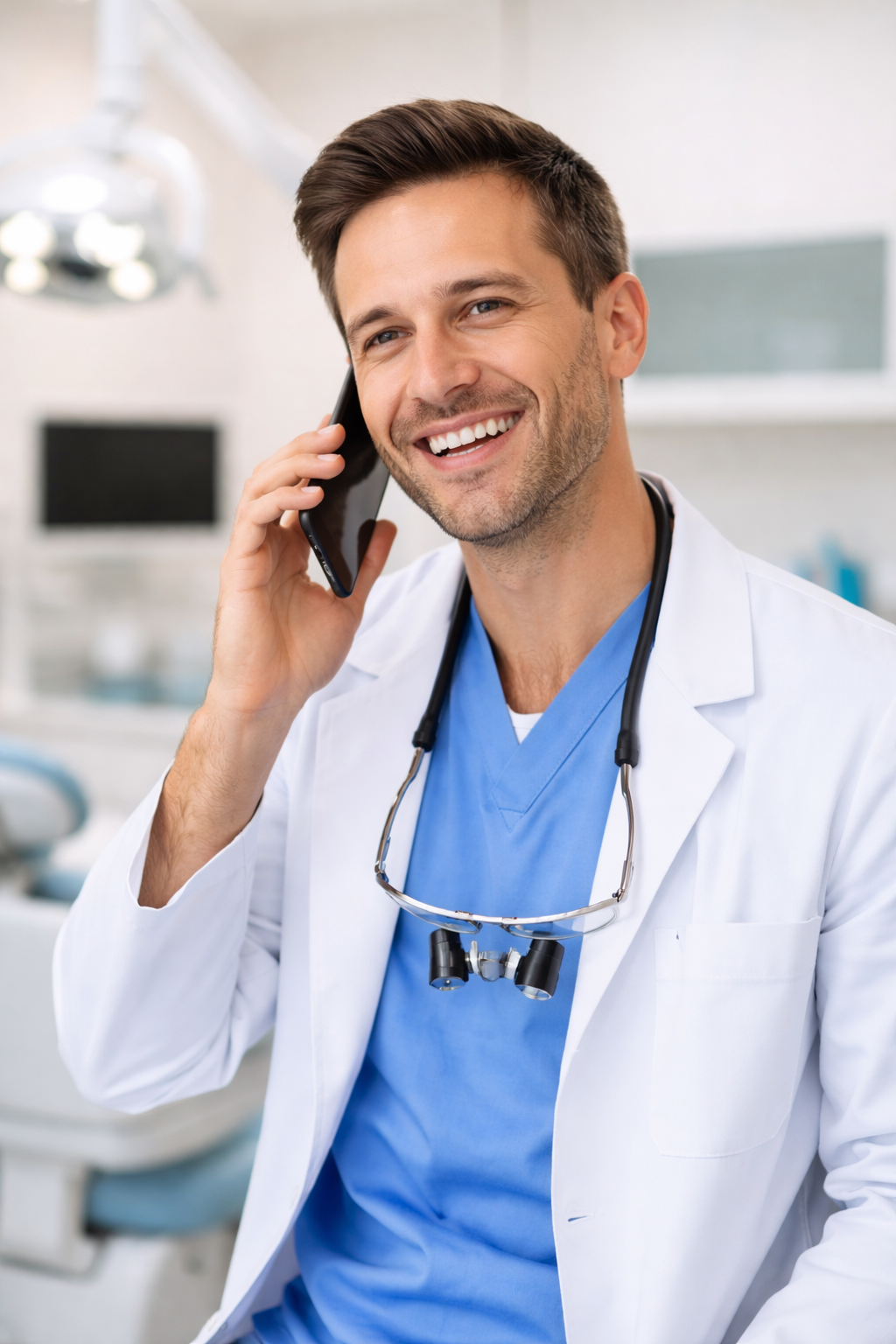 Dentist answering a consultation call in a dental clinic, illustrating how dental marketing can generate consultation calls for dentists.