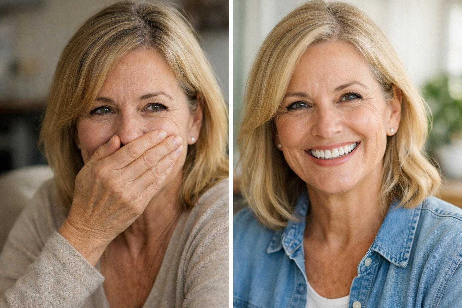 Conceptual depiction of a patient’s transformation before and after dental implant treatment, illustrating improved confidence and smile.