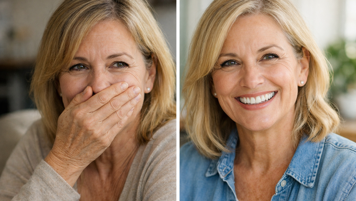 Conceptual depiction of a patient’s transformation before and after dental implant treatment, illustrating improved confidence and smile.