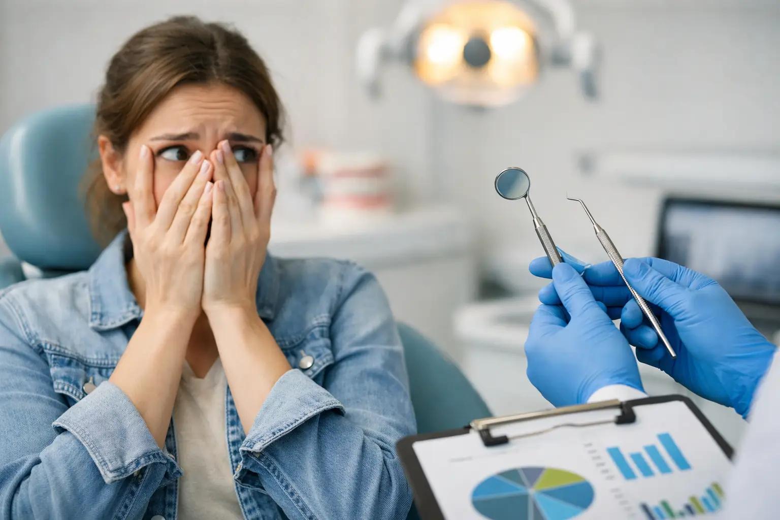 Anxious patient covering face during dental visit while dentist holds tools, highlighting fear of dental treatment in clinic setting