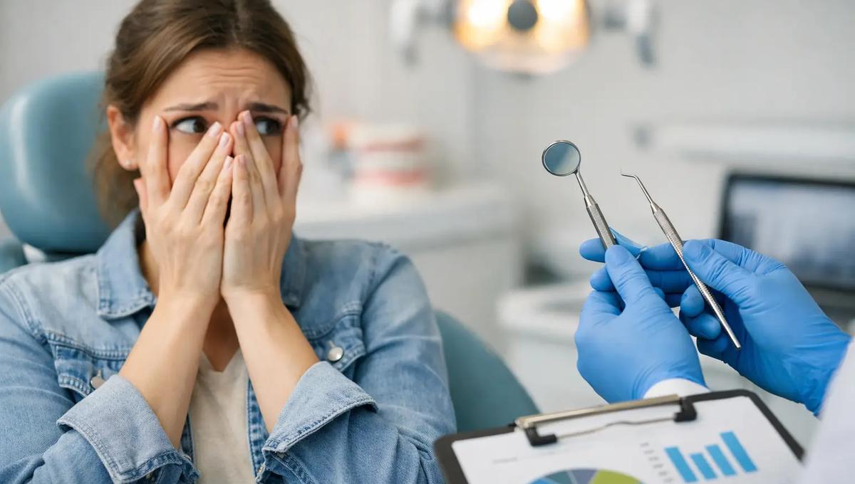 Anxious patient covering face during dental visit while dentist holds tools, highlighting fear of dental treatment in clinic setting