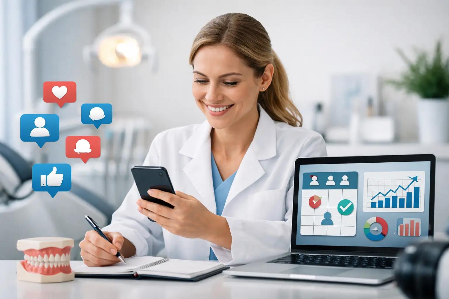Smiling dentist checking phone with social media icons, laptop displaying scheduling and growth charts, jaw model on desk.