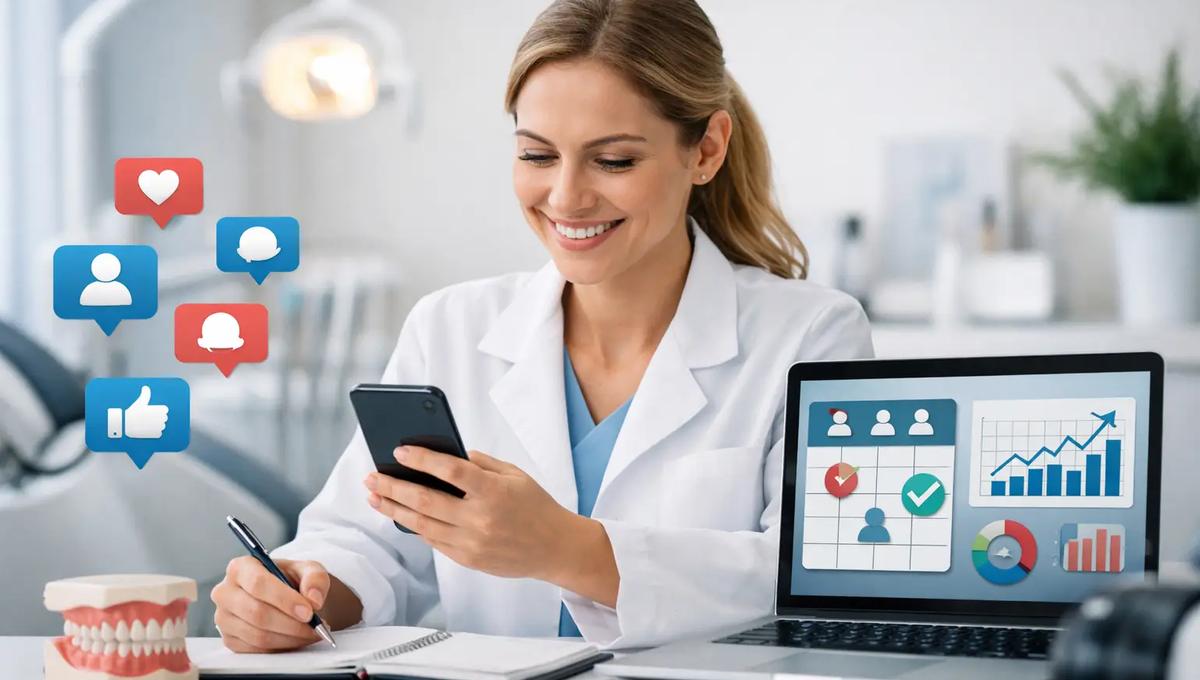 Smiling dentist checking phone with social media icons, laptop displaying scheduling and growth charts, jaw model on desk.