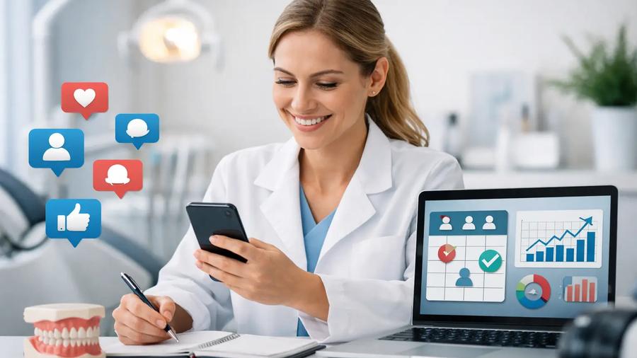 Smiling dentist checking phone with social media icons, laptop displaying scheduling and growth charts, jaw model on desk.