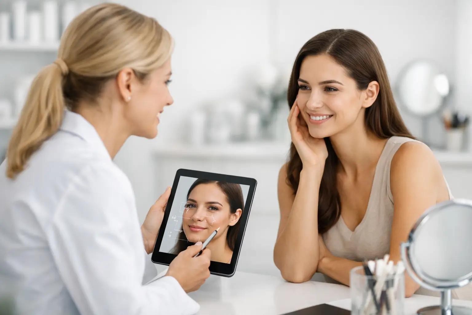 Dentist showing cosmetic dental treatment plan on tablet during patient consultation