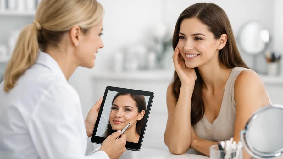 Dentist showing cosmetic dental treatment plan on tablet during patient consultation