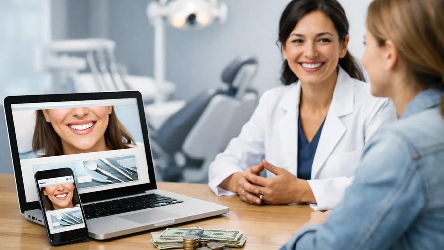 Smiling dentist consulting a patient beside a laptop and phone displaying dental ads, with cash and coins on the desk.