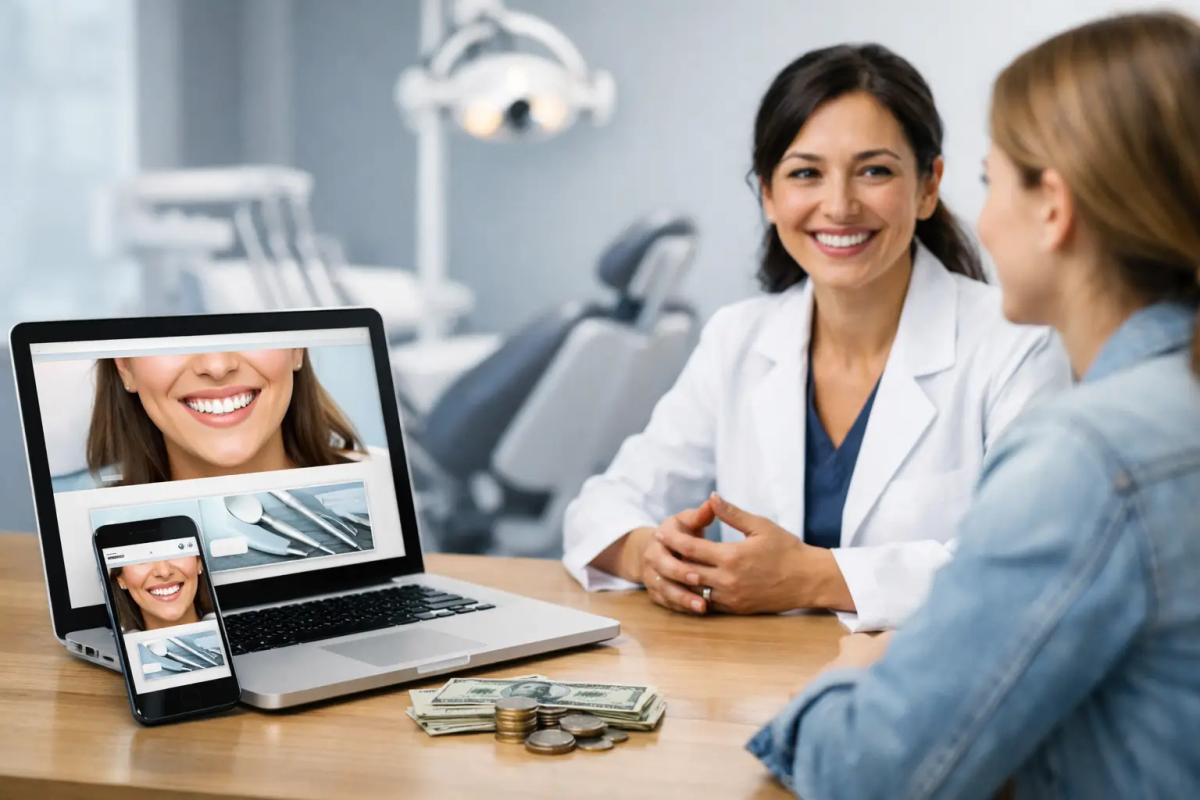 Smiling dentist consulting a patient beside a laptop and phone displaying dental ads, with cash and coins on the desk.