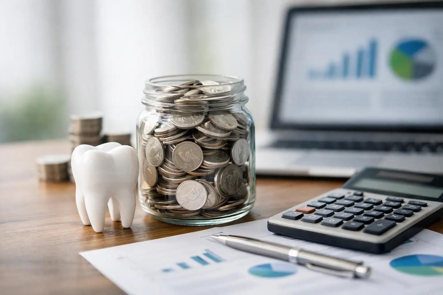 Jar of coins beside tooth model, calculator, and charts on laptop, symbolizing dental savings and financial growth