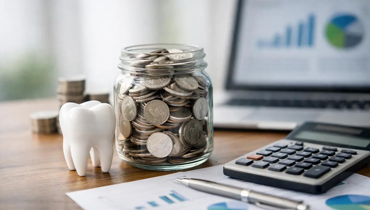 Jar of coins beside tooth model, calculator, and charts on laptop, symbolizing dental savings and financial growth
