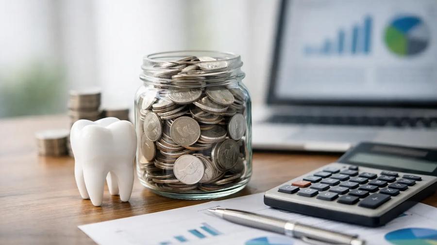 Jar of coins beside tooth model, calculator, and charts on laptop, symbolizing dental savings and financial growth