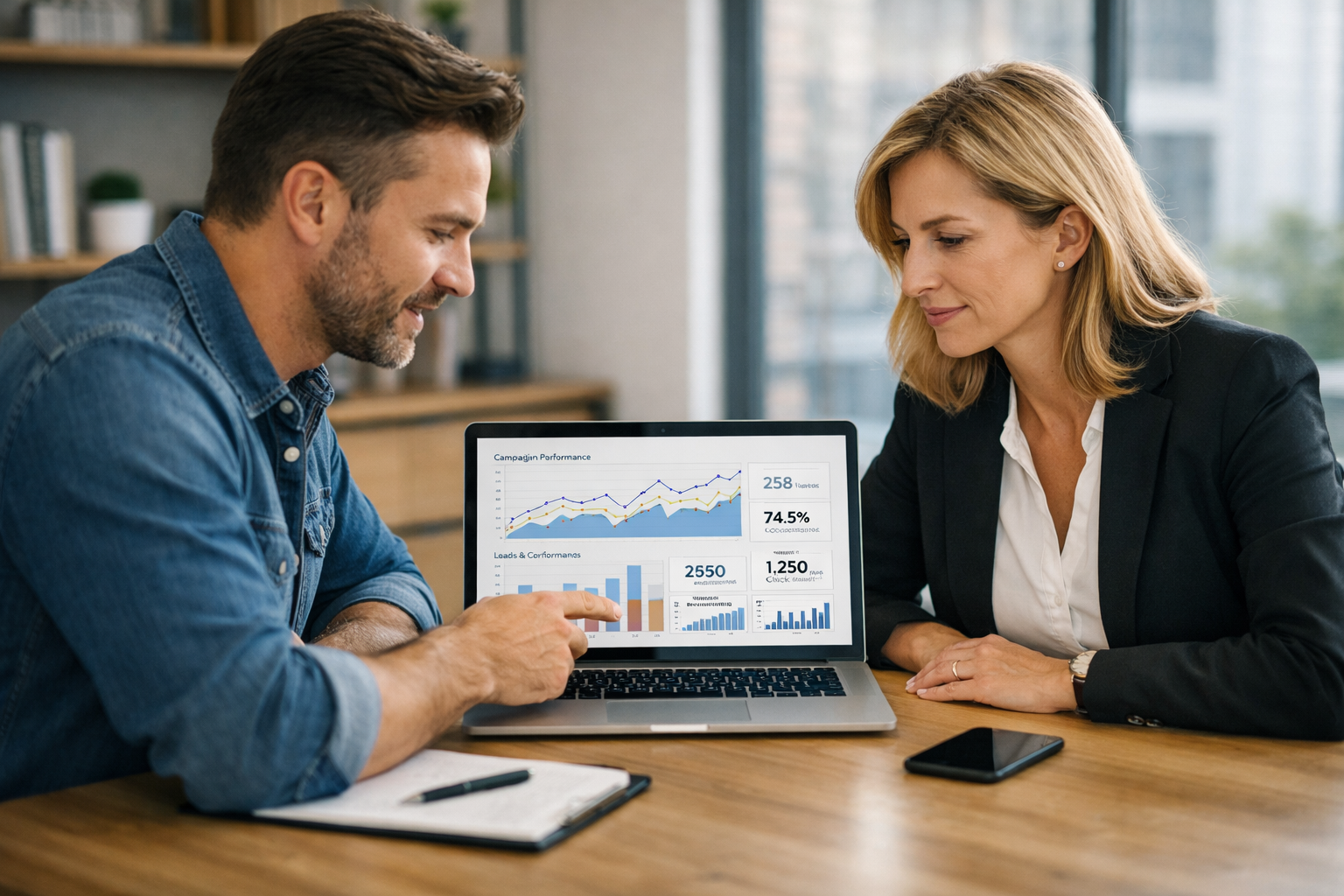 Dentist and patient discussing a dental implant treatment plan and financing options during a consultation.