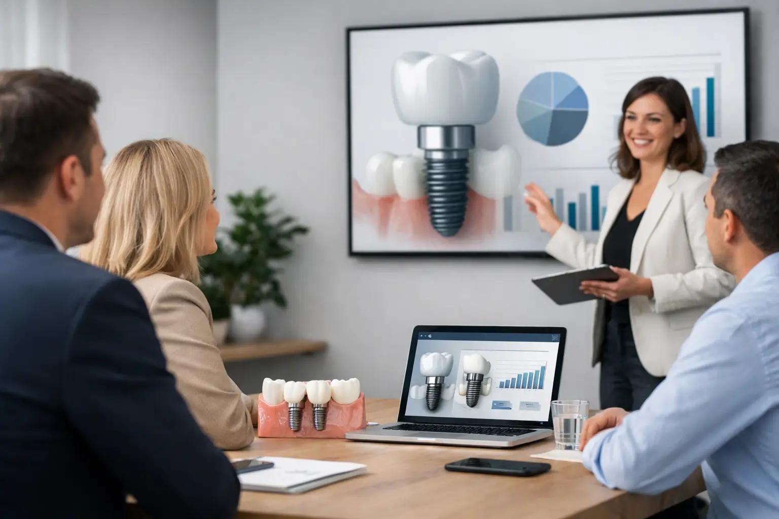 Dental professional presenting dental implant treatment data and growth charts to a group during a clinic strategy meeting.