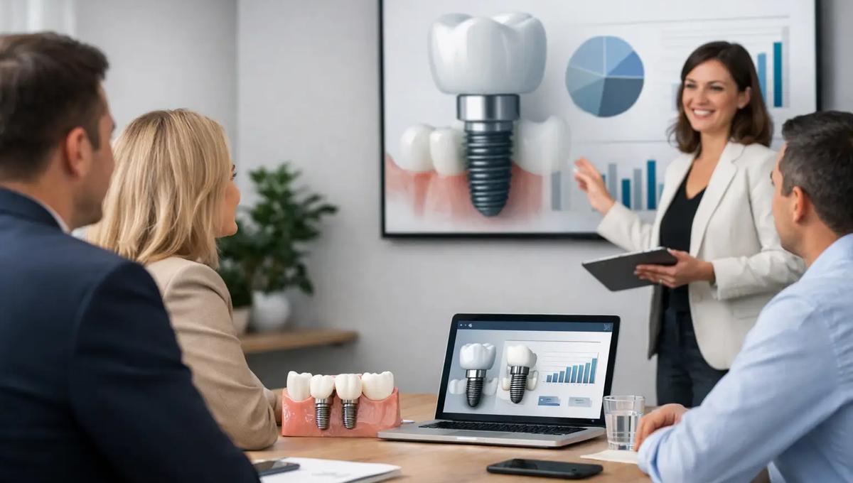 Dental professional presenting dental implant treatment data and growth charts to a group during a clinic strategy meeting.