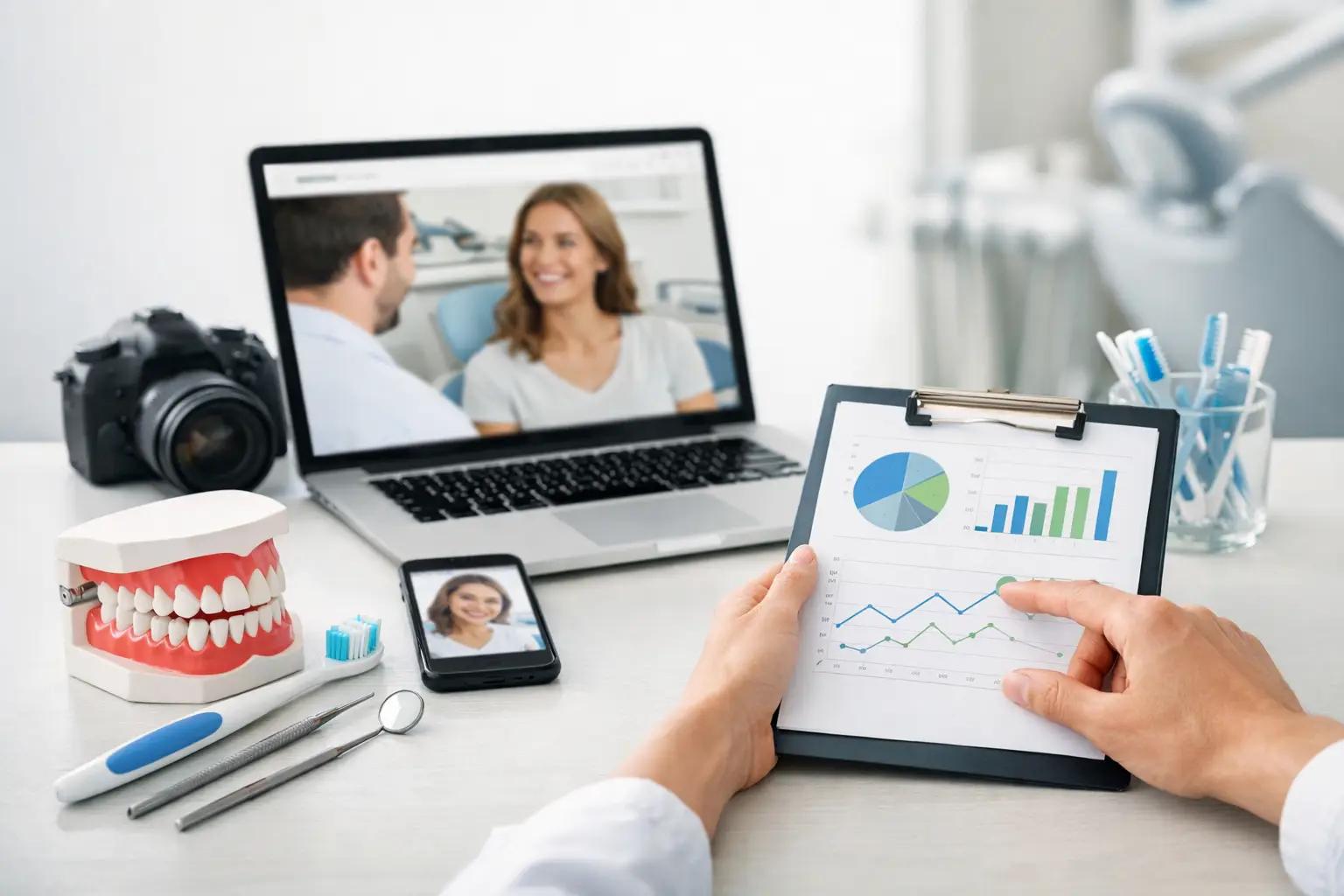 Dentist holding clipboard with charts beside a laptop showing a patient consultation, jaw model, dental tools, and toothbrushes on desk.