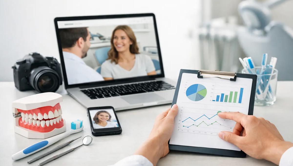 Dentist holding clipboard with charts beside a laptop showing a patient consultation, jaw model, dental tools, and toothbrushes on desk.