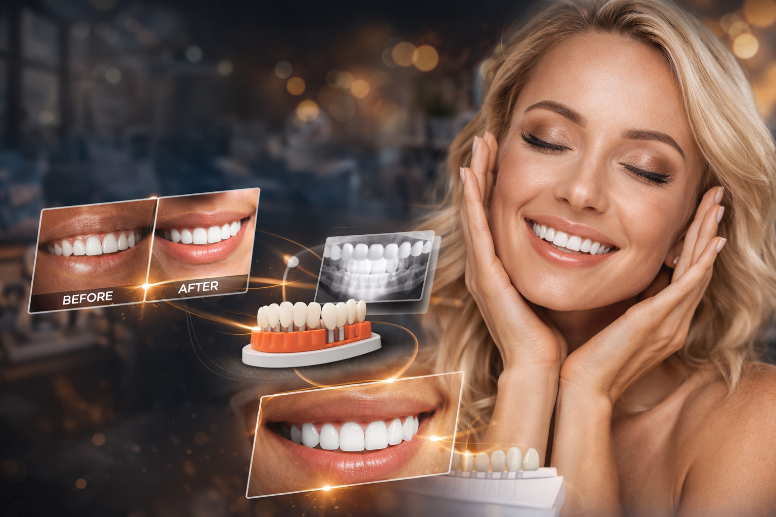 Smiling woman with bright white teeth, cosmetic dentistry results with before-and-after visuals