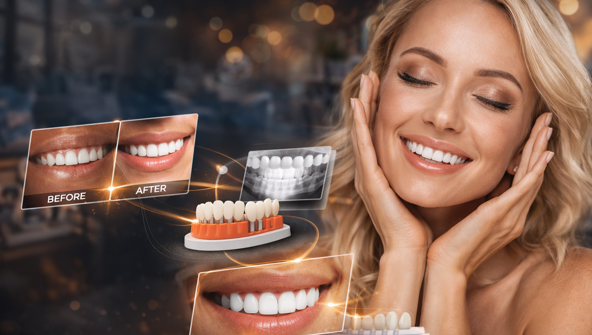 Smiling woman with bright white teeth, cosmetic dentistry results with before-and-after visuals