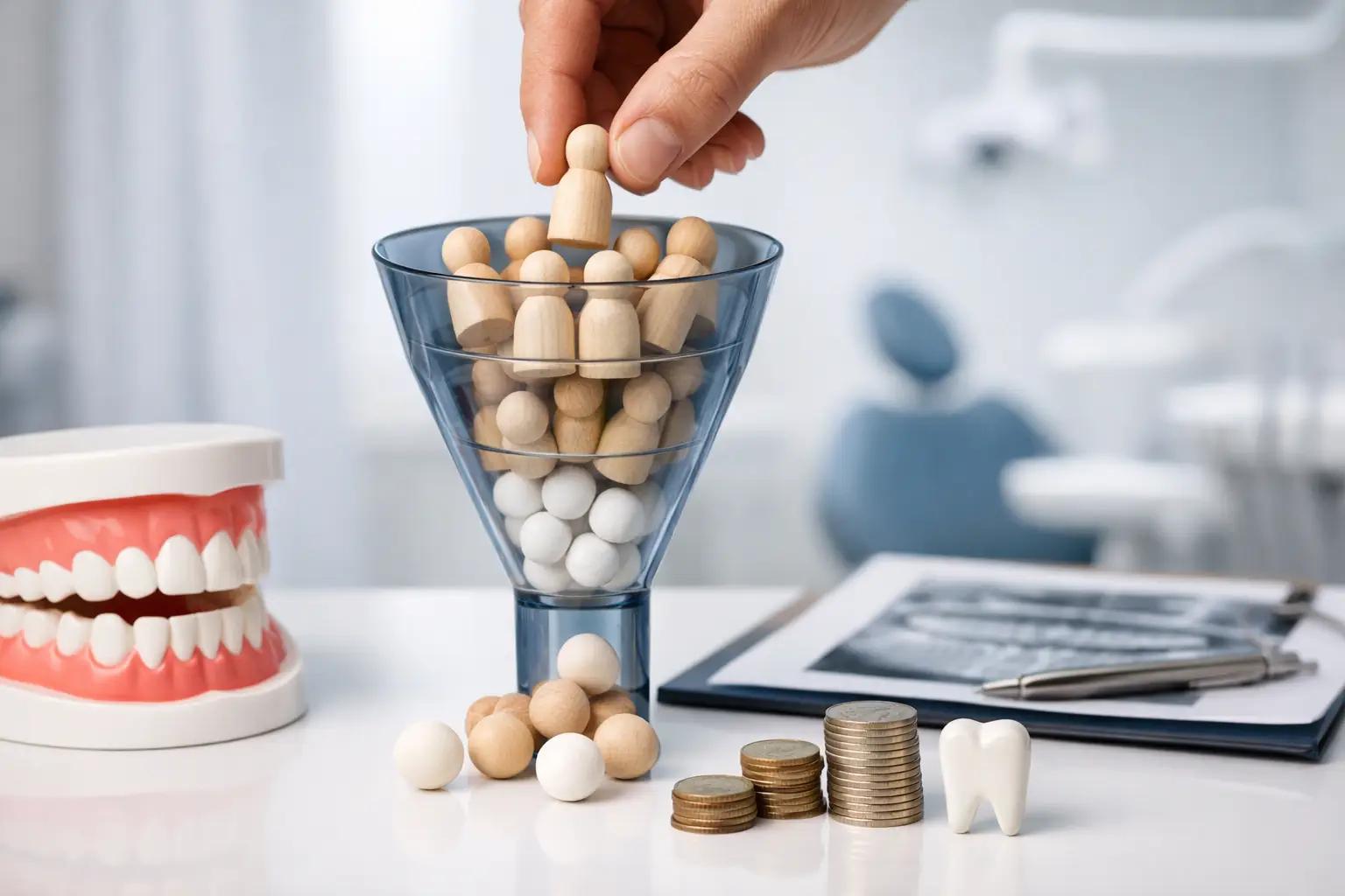 Hand placing a wooden figure into a funnel with coins, a dental jaw model, and an X-ray in a dental office, symbolizing patient acquisition.