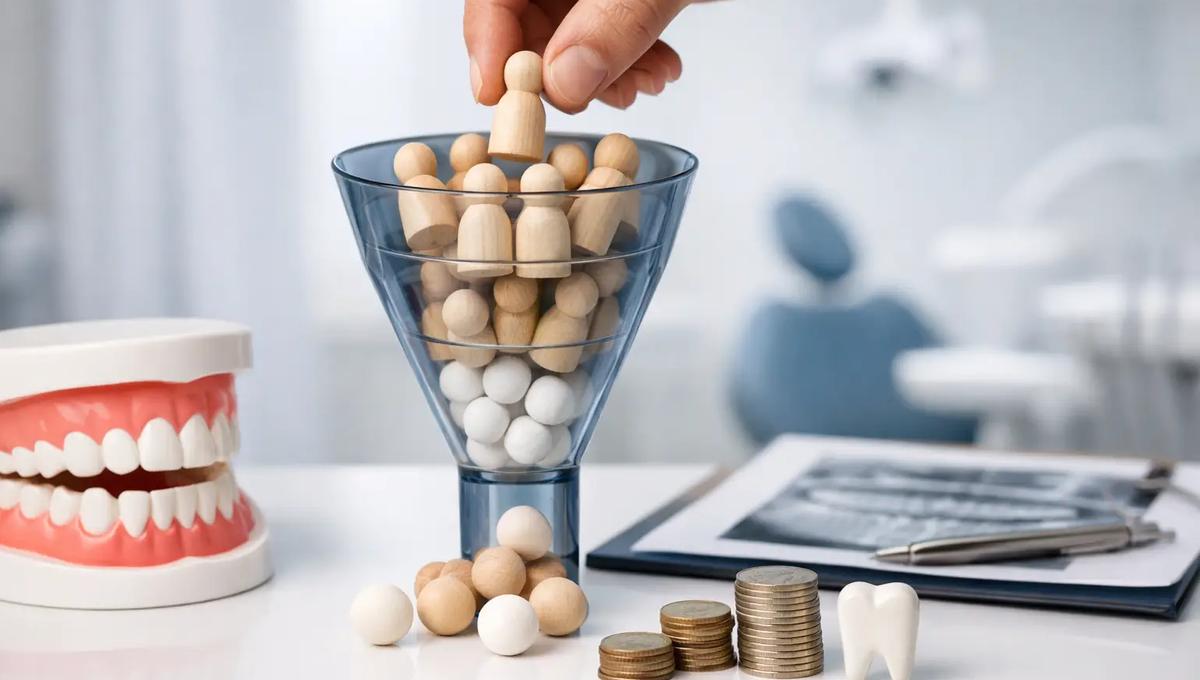 Hand placing a wooden figure into a funnel with coins, a dental jaw model, and an X-ray in a dental office, symbolizing patient acquisition.