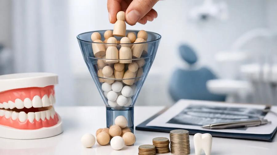Hand placing a wooden figure into a funnel with coins, a dental jaw model, and an X-ray in a dental office, symbolizing patient acquisition.