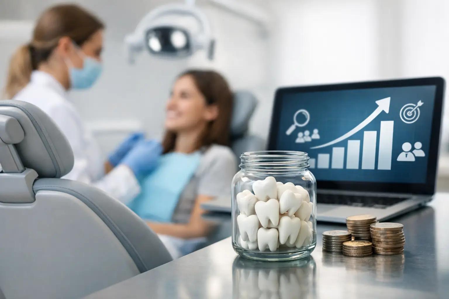 Jar of tooth models and stacked coins beside a laptop showing a growth chart, with a dentist treating a patient in the background.