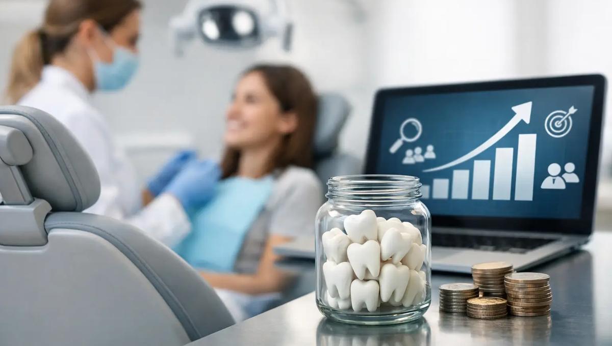 Jar of tooth models and stacked coins beside a laptop showing a growth chart, with a dentist treating a patient in the background.