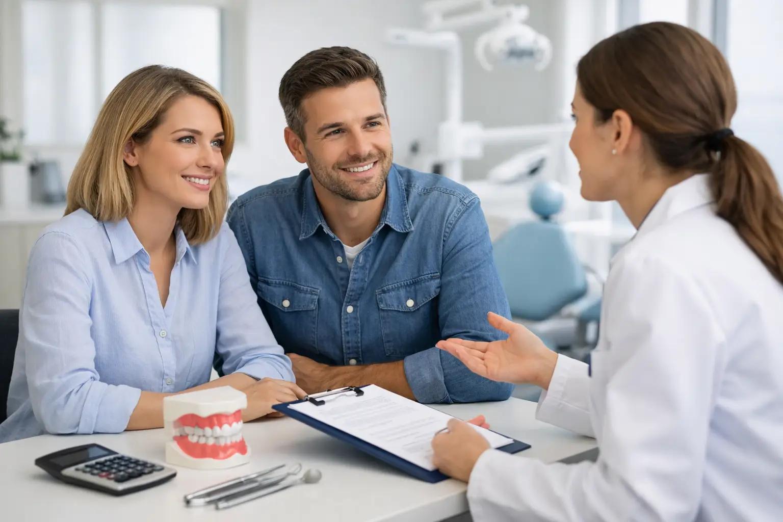 Dentist discussing dental implant treatment with patients during a consultation appointment