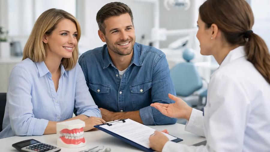 Dentist discussing dental implant treatment with patients during a consultation appointment