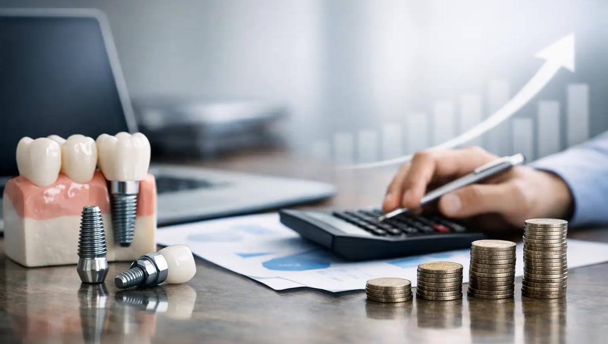 Dental implant model beside stacked coins and a hand using a calculator, with a growth chart arrow in the background.