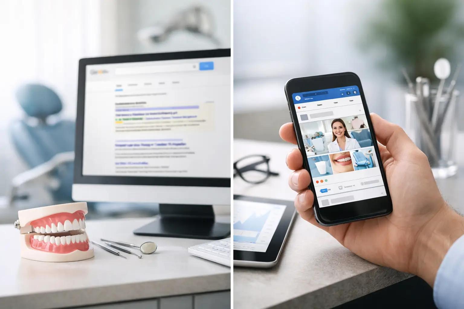 Dental clinic desk with implant model and Google search on screen, alongside phone showing cosmetic dental social media feed