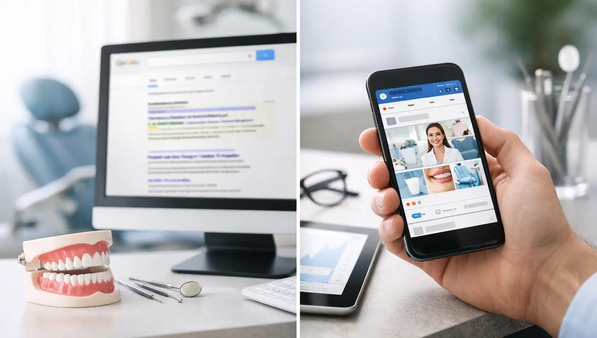 Dental clinic desk with implant model and Google search on screen, alongside phone showing cosmetic dental social media feed