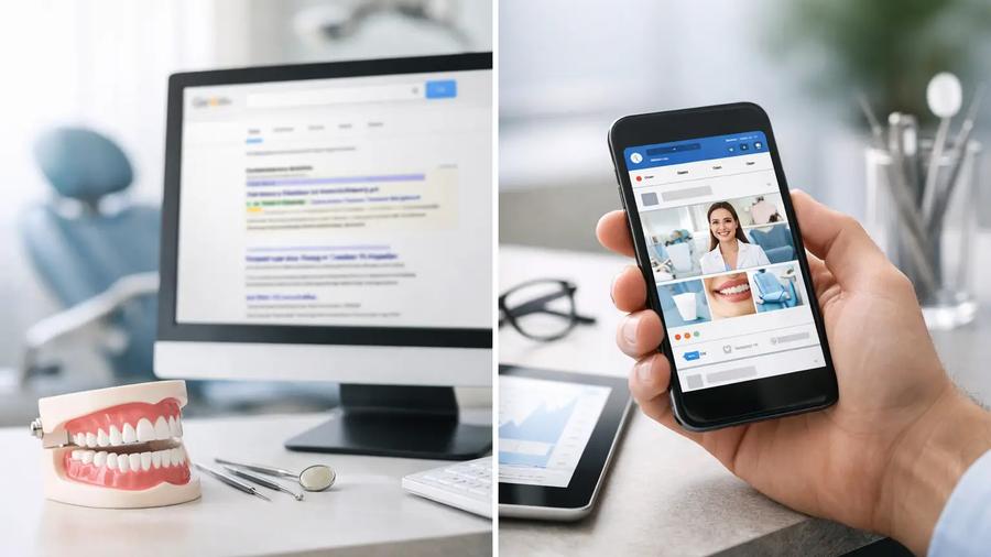 Dental clinic desk with implant model and Google search on screen, alongside phone showing cosmetic dental social media feed
