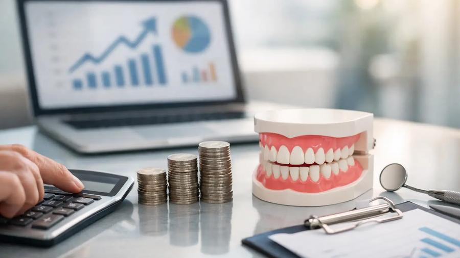 Dental implant model and tools on a desk beside a laptop showing a virtual consultation with a smiling woman and a scheduling calendar.