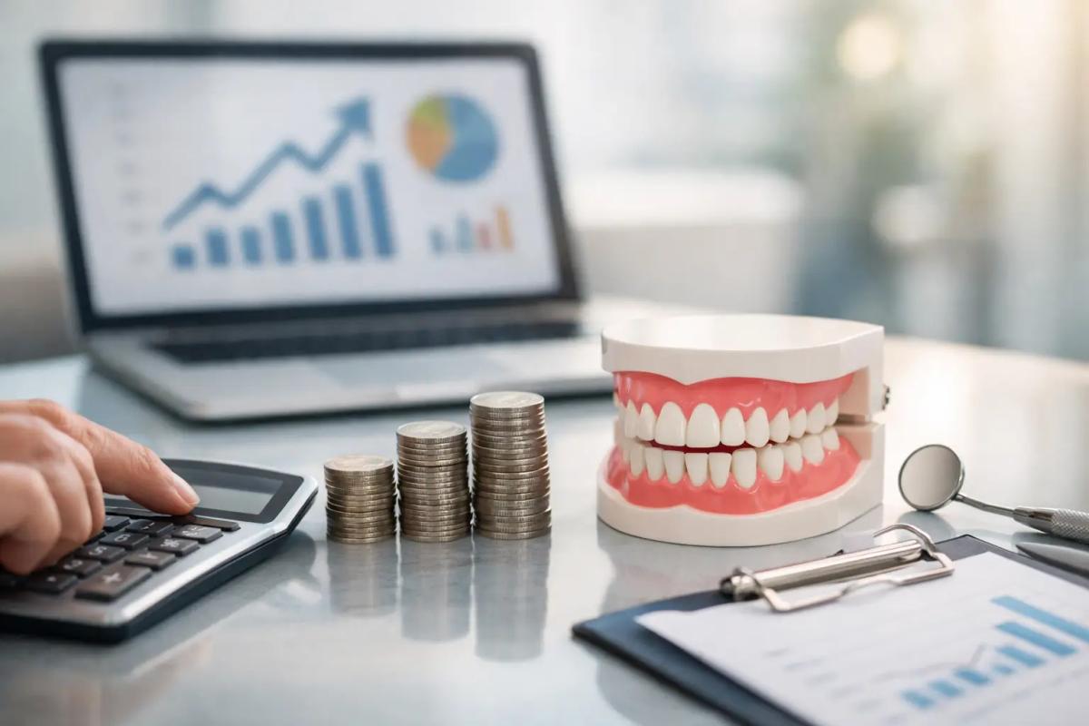 Dental jaw model and tools beside stacked coins and a calculator, with a financial growth chart on a laptop screen.
