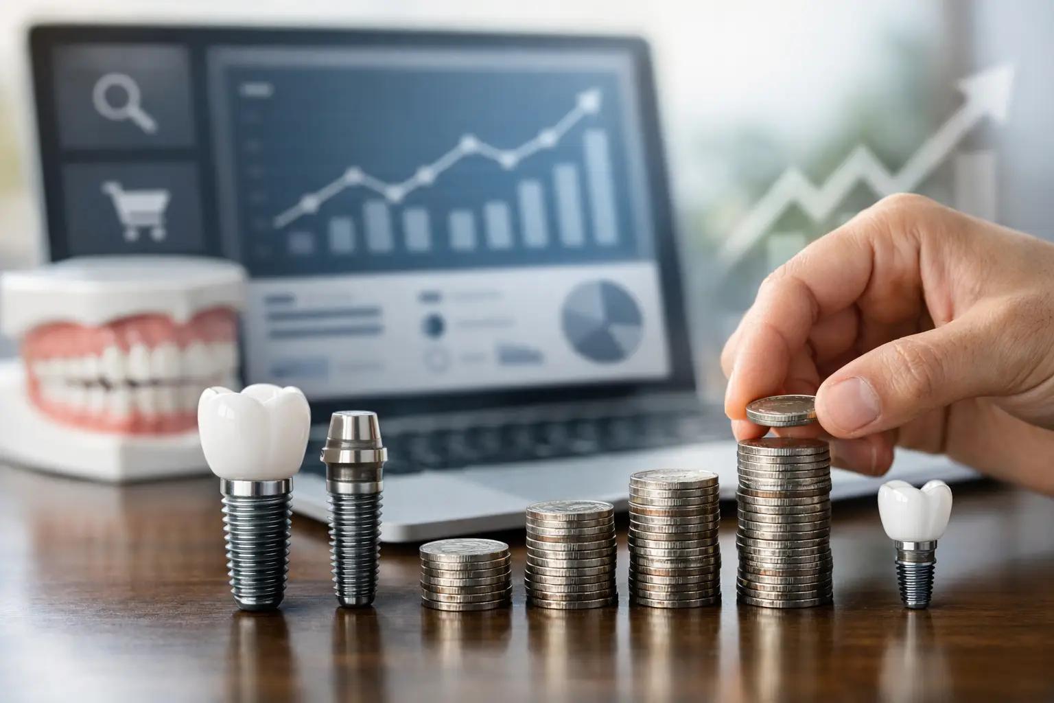 Hand stacking coins beside dental implant models with a growth chart on a laptop, symbolizing the rising cost of dental implants.