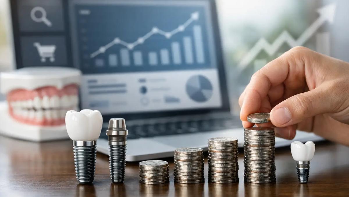 Hand stacking coins beside dental implant models with a growth chart on a laptop, symbolizing the rising cost of dental implants.