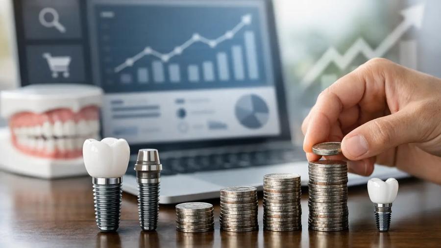 Hand stacking coins beside dental implant models with a growth chart on a laptop, symbolizing the rising cost of dental implants.