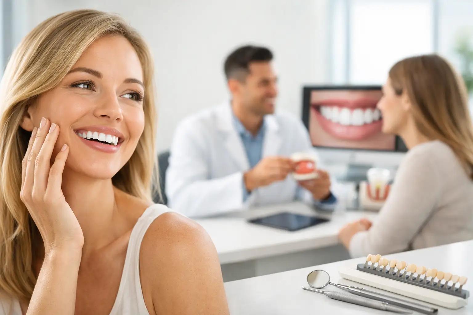 Smiling woman in foreground with a dentist consulting a patient in the background, dental tools and shade guide on the desk.