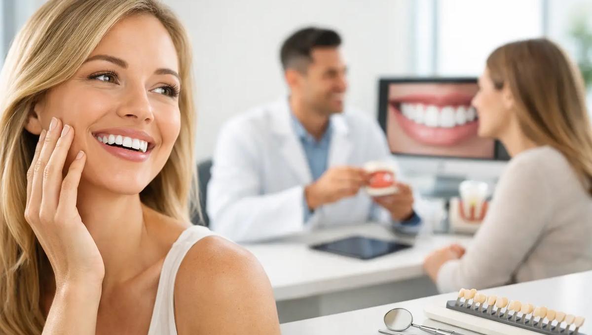 Smiling woman in foreground with a dentist consulting a patient in the background, dental tools and shade guide on the desk.
